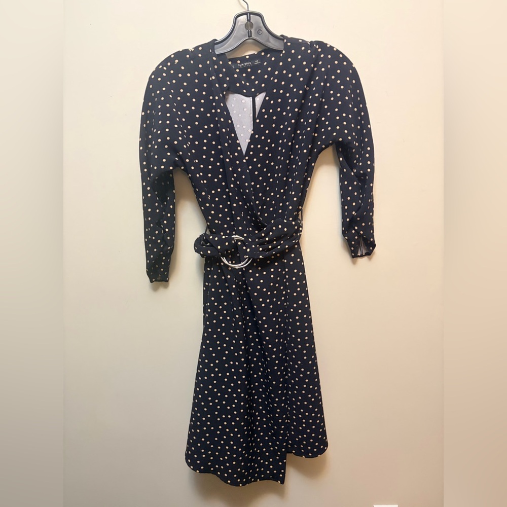 ZARA Navy Long Sleeve Wrap Dress with Pink Dots
